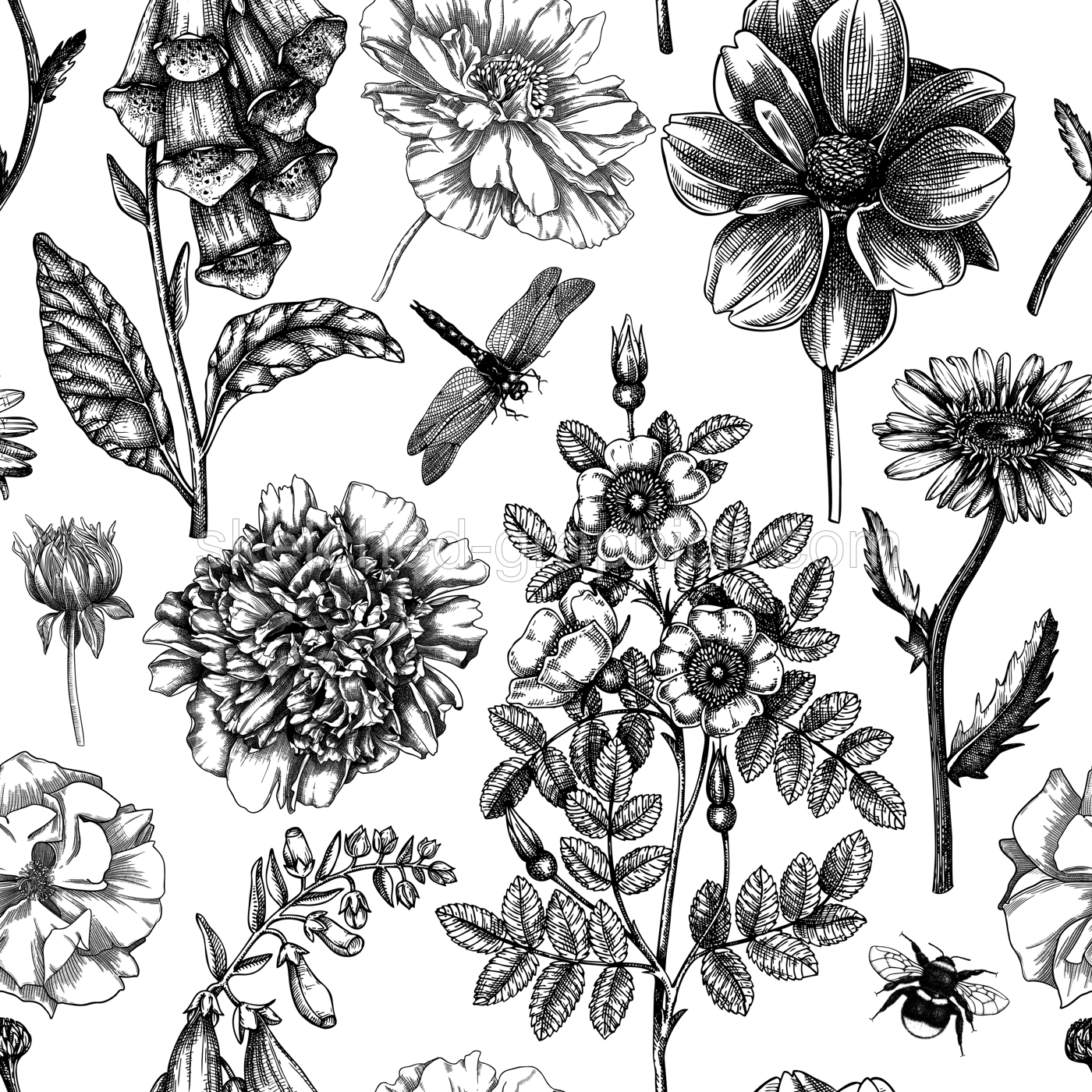 Summer flowers seamless pattern. Hand-sketched garden plants background. Perfect for greeting cards, wedding invites, banners, wrapping paper, textile. Botanical illustration with floral outlines Illustration